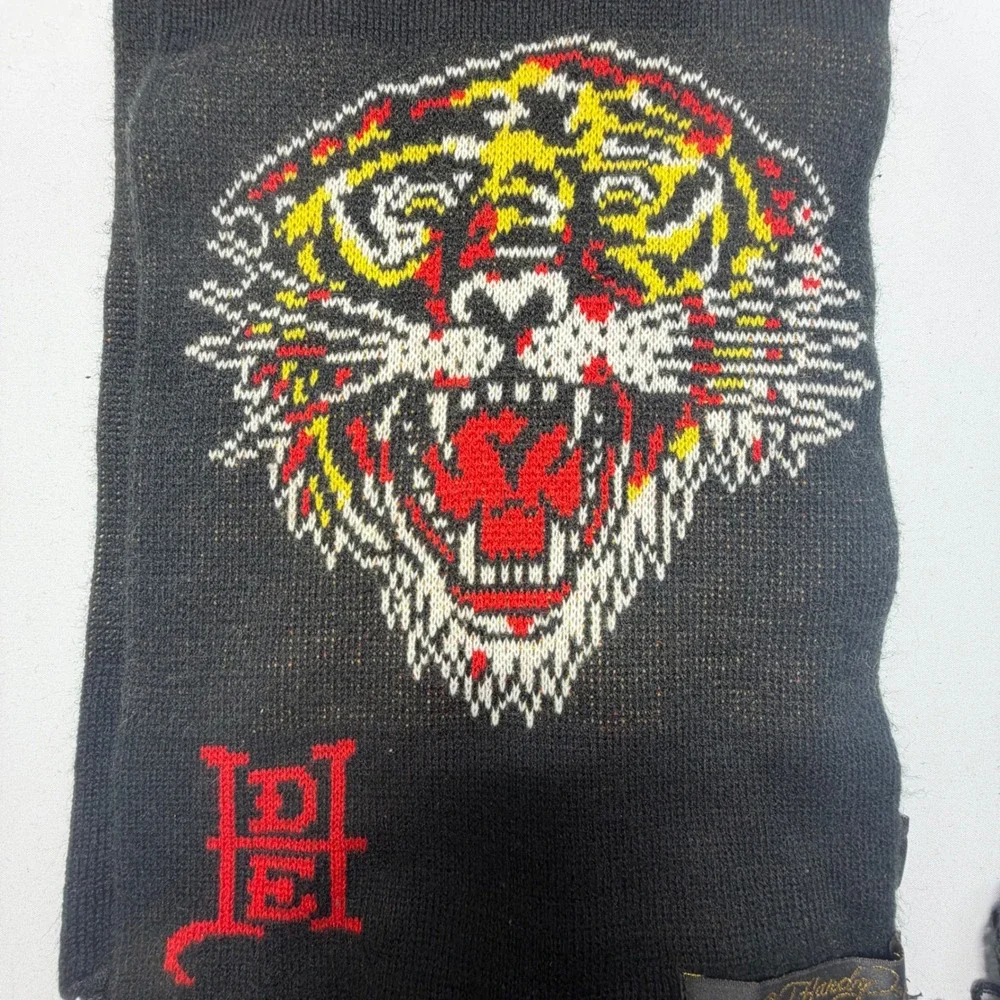Ed Hardy Tiger Scarf Y2K McBling‎ Tattoo Graphic Black Fringe